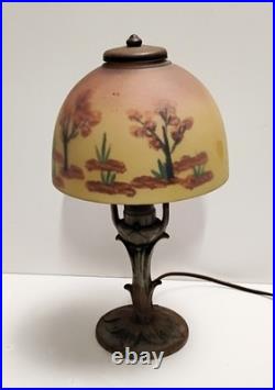 VTG Aladdin Cast Iron with Floral Reverse Painted Glass Shade Table Lamp 13
