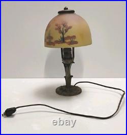 VTG Aladdin Cast Iron with Floral Reverse Painted Glass Shade Table Lamp 13