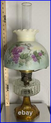 VTG Aladdin Corinthian Clear Over Amber GLOWS Mantle Oil Lamp Mod B Grape Floral