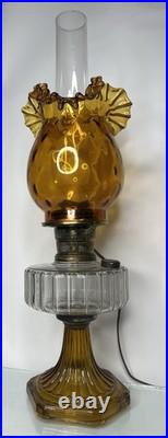 VTG! Aladdin Corinthian Clear Over Amber Glass Oil Lamp W Thumbprint Ruffled Top
