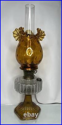 VTG! Aladdin Corinthian Clear Over Amber Glass Oil Lamp W Thumbprint Ruffled Top