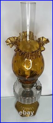VTG! Aladdin Corinthian Clear Over Amber Glass Oil Lamp W Thumbprint Ruffled Top