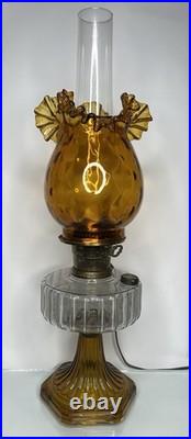 VTG! Aladdin Corinthian Clear Over Amber Glass Oil Lamp W Thumbprint Ruffled Top