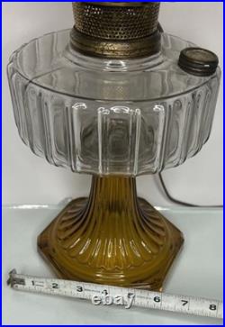 VTG! Aladdin Corinthian Clear Over Amber Glass Oil Lamp W Thumbprint Ruffled Top