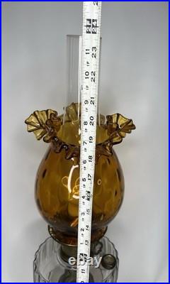 VTG! Aladdin Corinthian Clear Over Amber Glass Oil Lamp W Thumbprint Ruffled Top