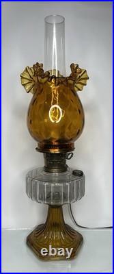VTG! Aladdin Corinthian Clear Over Amber Glass Oil Lamp W Thumbprint Ruffled Top