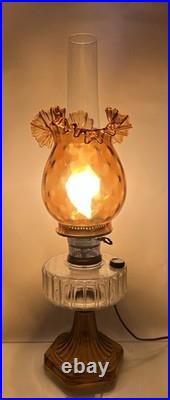 VTG! Aladdin Corinthian Clear Over Amber Glass Oil Lamp W Thumbprint Ruffled Top