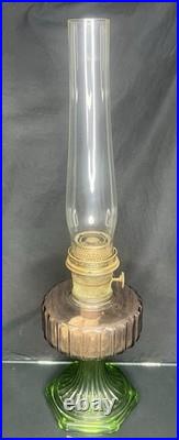 VTG Aladdin Lincoln Drape Oil Lamp-Sun Lavender/Green Uranium Glass 24 w Lox On