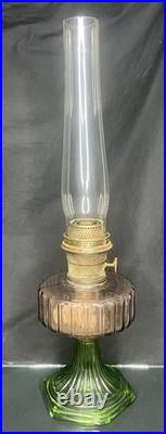 VTG Aladdin Lincoln Drape Oil Lamp-Sun Lavender/Green Uranium Glass 24 w Lox On