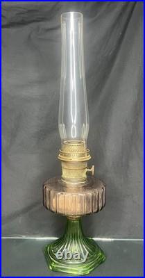 VTG Aladdin Lincoln Drape Oil Lamp-Sun Lavender/Green Uranium Glass 24 w Lox On