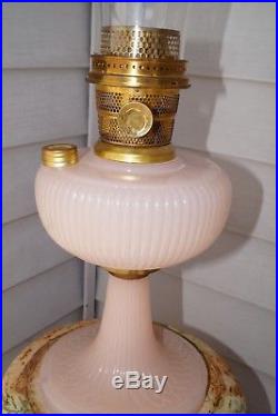 VTG Aladdin Rose Alacite Pink Vertique Brass Collar Base Kerosene Table Lamp