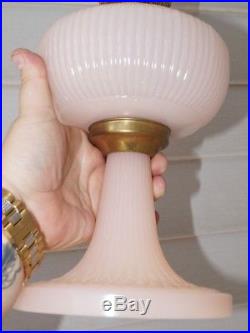 VTG Aladdin Rose Alacite Pink Vertique Brass Collar Base Kerosene Table Lamp