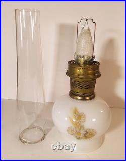 Vintage 1970s Aladdin Kerosene Lamp #23 Milk Glass Wheat & Daisy Tall Chimney