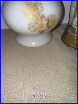 Vintage 1970s Aladdin Kerosene Lamp #23 Milk Glass Wheat & Daisy Tall Chimney