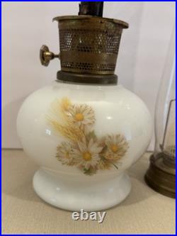 Vintage 1970s Aladdin Kerosene Lamp #23 Milk Glass Wheat & Daisy Tall Chimney