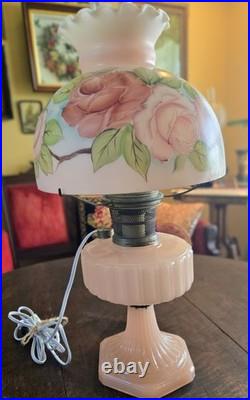 Vintage ALADDIN CORINTHIAN converted oil LAMP Model B pink moonstone roses SHADE