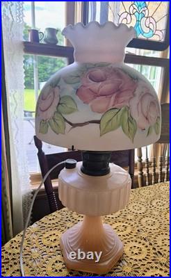 Vintage ALADDIN CORINTHIAN converted oil LAMP Model B pink moonstone roses SHADE