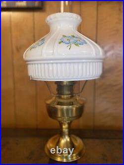 Vintage ALADDIN Model 23 Brass Kerosene Oil Lamp Blue Floral Milk Glass Shade