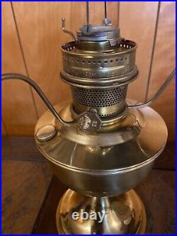 Vintage ALADDIN Model 23 Brass Kerosene Oil Lamp Blue Floral Milk Glass Shade