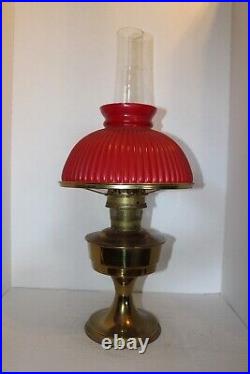 Vintage ALADDIN Model 23 Brass Kerosene Oil Lamp Red Milk Glass Shade