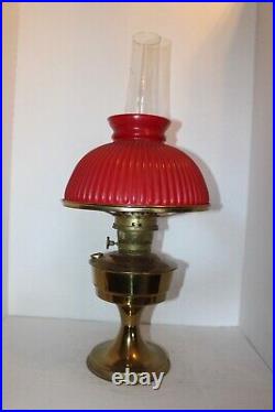 Vintage ALADDIN Model 23 Brass Kerosene Oil Lamp Red Milk Glass Shade