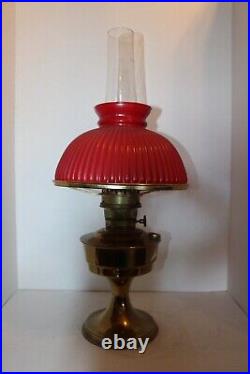 Vintage ALADDIN Model 23 Brass Kerosene Oil Lamp Red Milk Glass Shade