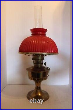 Vintage ALADDIN Model 23 Brass Kerosene Oil Lamp Red Milk Glass Shade