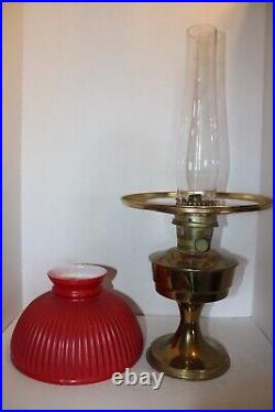 Vintage ALADDIN Model 23 Brass Kerosene Oil Lamp Red Milk Glass Shade