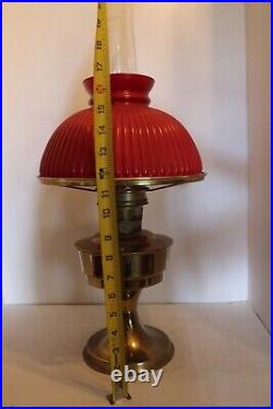 Vintage ALADDIN Model 23 Brass Kerosene Oil Lamp Red Milk Glass Shade