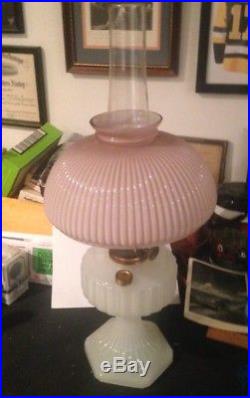 Vintage ALADDIN White Moonstone Corinthian Art Glass Kerosene Oil Lamp with Shade