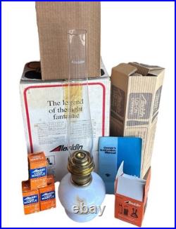 Vintage Aladdin 23 Kerosene Oil Lamp Floral Daisies Milk Glass with Chimney 1970's