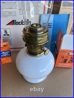 Vintage Aladdin 23 Kerosene Oil Lamp Floral Daisies Milk Glass with Chimney 1970's