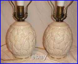 Vintage Aladdin Alacite Ivory Oak Leaf Electric Lamps with Finials Lightable Bases