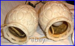 Vintage Aladdin Alacite Ivory Oak Leaf Electric Lamps with Finials Lightable Bases