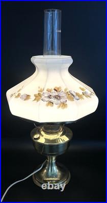 Vintage Aladdin Brass Kerosene Converted Electric Lamp Floral Milk Glass Shade