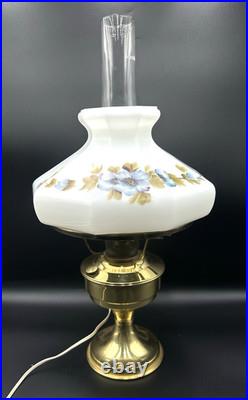Vintage Aladdin Brass Kerosene Converted Electric Lamp Floral Milk Glass Shade