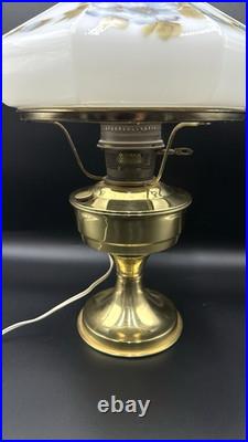 Vintage Aladdin Brass Kerosene Converted Electric Lamp Floral Milk Glass Shade
