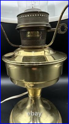 Vintage Aladdin Brass Kerosene Converted Electric Lamp Floral Milk Glass Shade