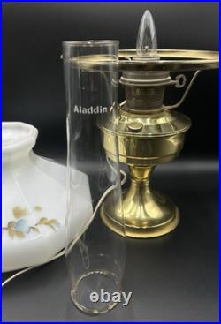 Vintage Aladdin Brass Kerosene Converted Electric Lamp Floral Milk Glass Shade