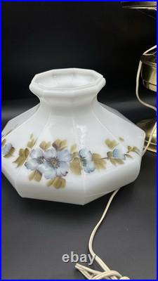 Vintage Aladdin Brass Kerosene Converted Electric Lamp Floral Milk Glass Shade