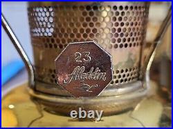Vintage Aladdin Brass Lamp Base Burner No 23 Milk Glass Satin Floral Shade