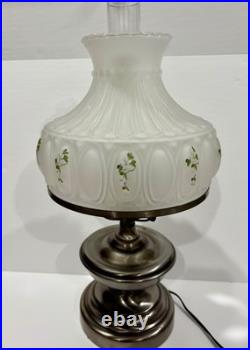 Vintage Aladdin Brushed Nickel Kerosene Lamp WithFlower Pattern Clear Glass Shade