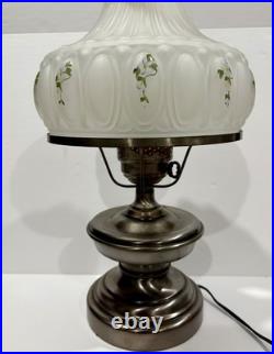 Vintage Aladdin Brushed Nickel Kerosene Lamp WithFlower Pattern Clear Glass Shade