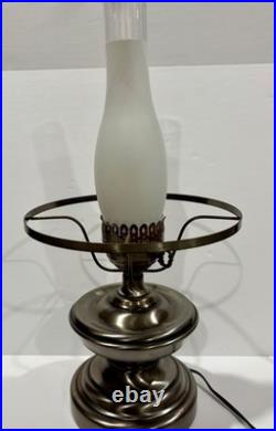 Vintage Aladdin Brushed Nickel Kerosene Lamp WithFlower Pattern Clear Glass Shade