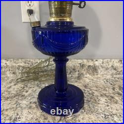 Vintage Aladdin Cobalt Blue Tall Lincoln Drape Converted Oil Lamp with Shade