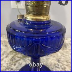 Vintage Aladdin Cobalt Blue Tall Lincoln Drape Converted Oil Lamp with Shade