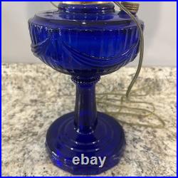 Vintage Aladdin Cobalt Blue Tall Lincoln Drape Converted Oil Lamp with Shade