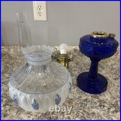 Vintage Aladdin Cobalt Blue Tall Lincoln Drape Converted Oil Lamp with Shade