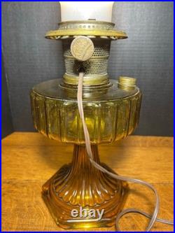 Vintage Aladdin Corinthian Amber Glass Oil Lamp Model B Electrified with Chimney