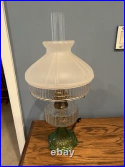 Vintage Aladdin Green Corinthian Electrified Oil Lamp With Frosted Shade